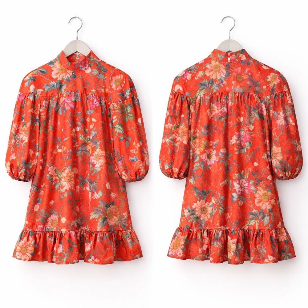 Anthropologie Red Floral Swing Mini Dress Mock Neck Long Sleeve 33” EUC - Picture 4 of 5